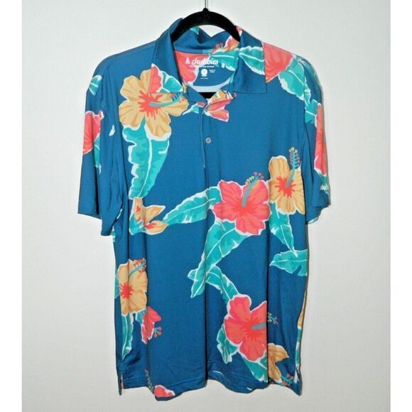 Chubbies Polo Shirt Mens Medium Blue Floral Tropical Hawaiian Hibiscus Flower - Picture 5 of 6